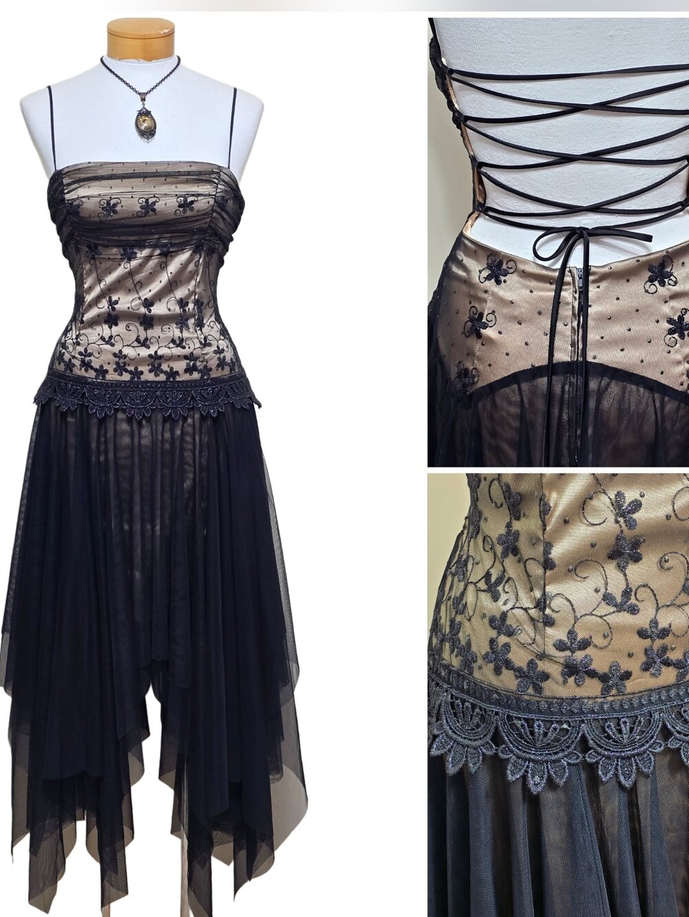 Y2K Masquarade Maxi Dress Sz 9/10 Corset Lace Sheer Fairy Whimsigoth Prom Black
